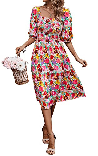 PRETTYGARDEN Women's Summer Casual Midi Dress 2026 Spring Puff Sleeve Square Neck A Line Flowy Boho Floral Smocked Dresses (Multicolored Daisy,L) | Amazon (US)
