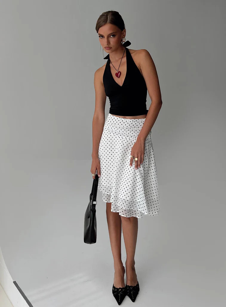 Evanescence Asymmetrical Midi Skirt White / Polka Dot | Princess Polly US