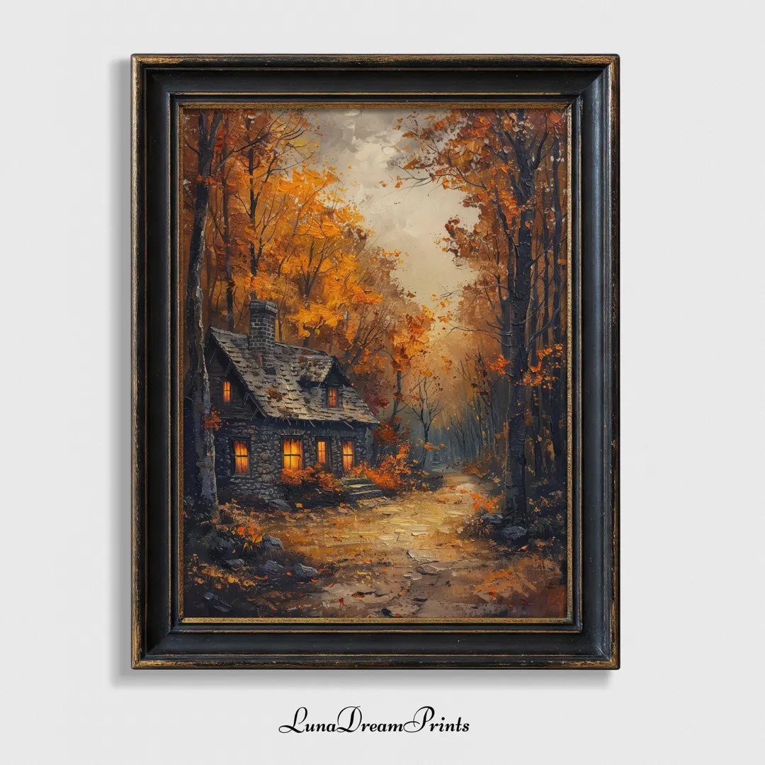 Moody Autumn Cottage Oil Painting, Dark Fall Landscape Print, Rustic Countryside Wall Art, Cozy F... | Etsy (US)