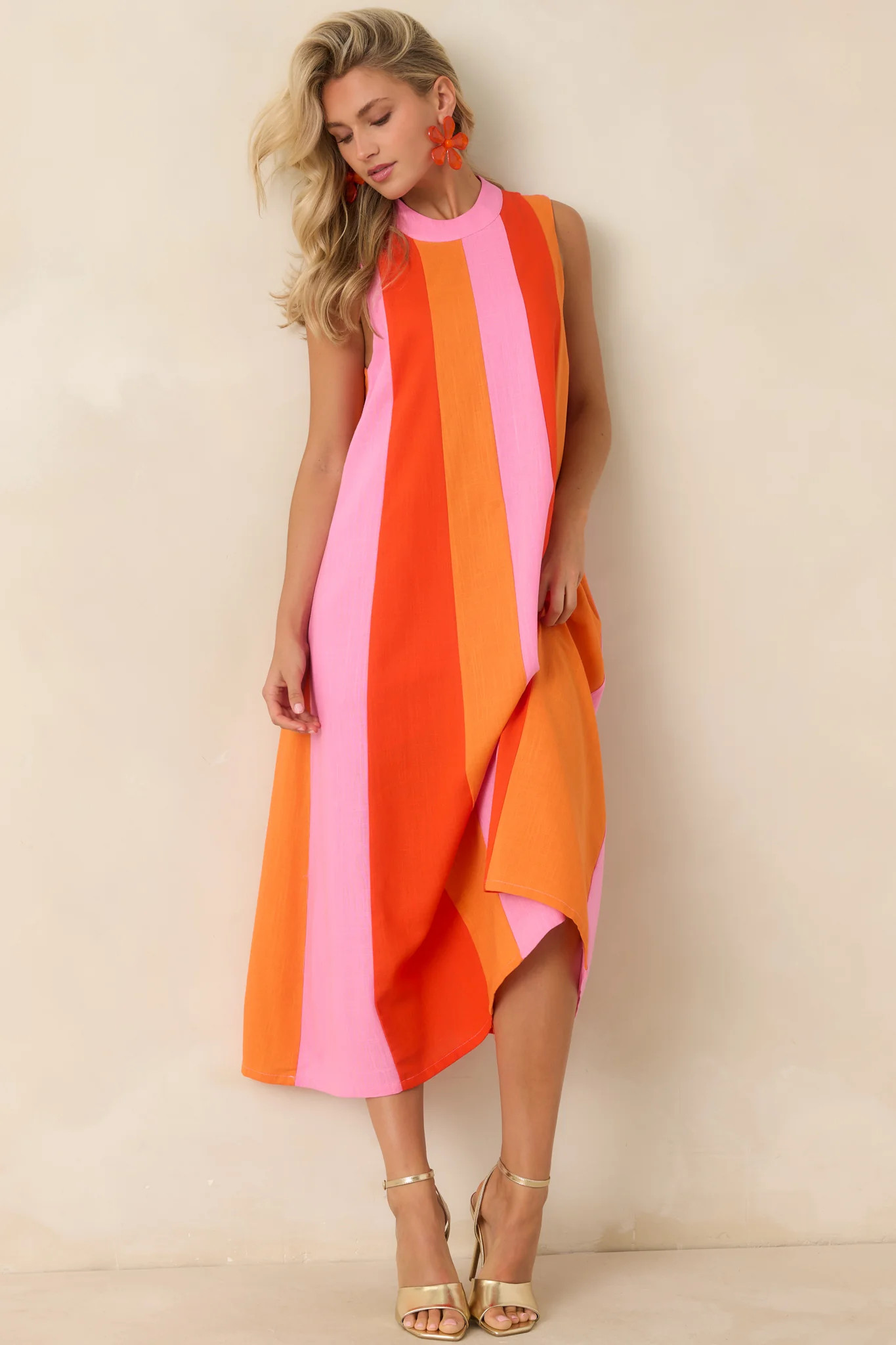 Sunset on Repeat Pink & Orange Colorblock Sleeveless Midi Dress | Red Dress