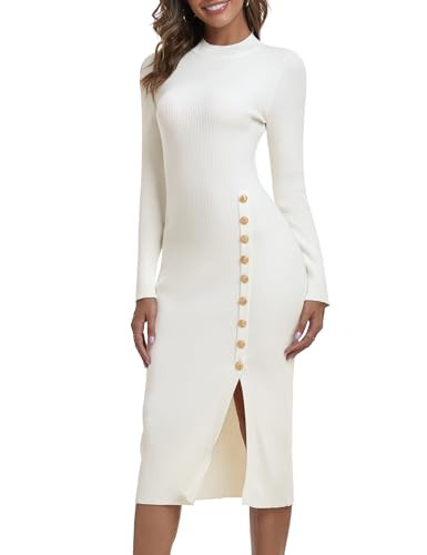PrettyGuide Long Sleeve Turtleneck Sweater Dresses for Women Winter Fall Slim Fit Knit Midi Pullover Dress Ivory S | Amazon (US)