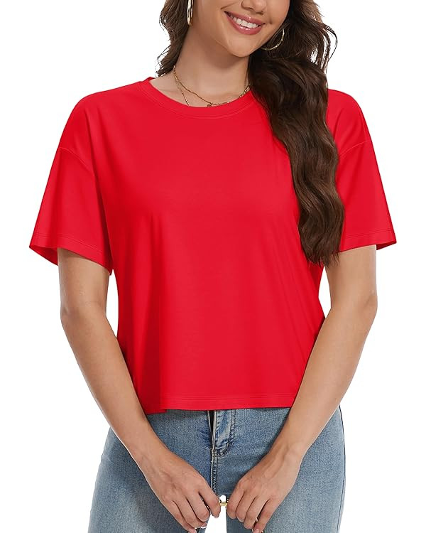 YUCOLEN Women's Crop Tops Summer Short Sleeve Cotton UPF 50+ Round Neck Casual Loose Cropped T-Sh... | Amazon (US)