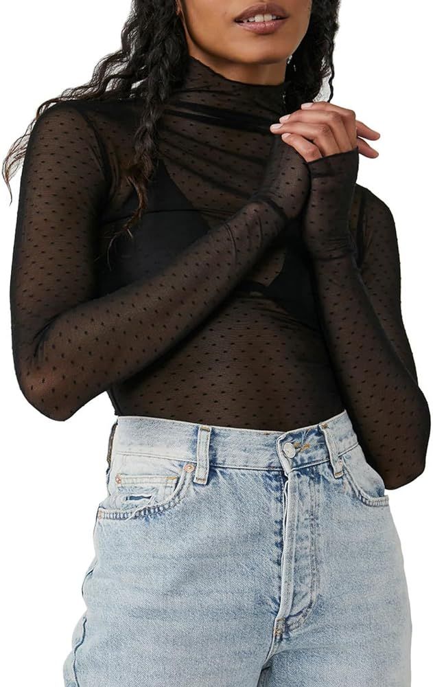 Sheer Mesh Long Sleeve Layering Top for Women Mock Neck Floral Lace Tshirt See Through Tee Shirt ... | Amazon (US)