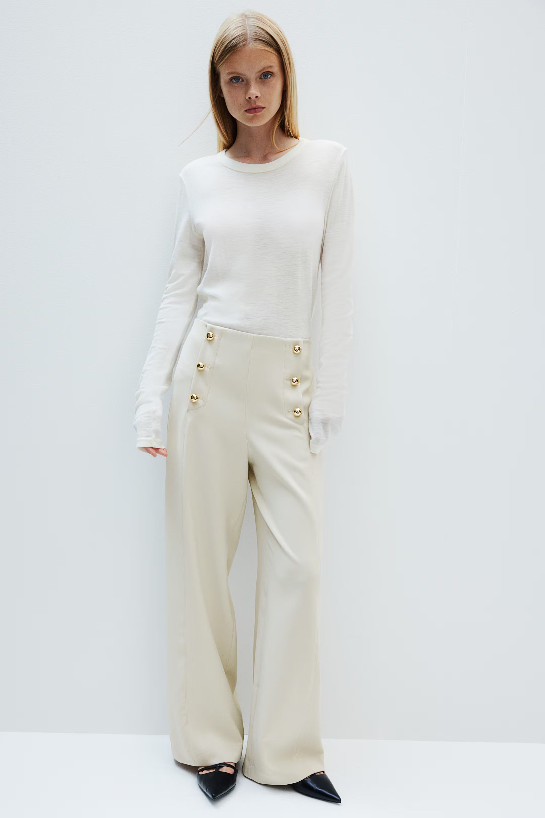 Button-Front Twill Pants - High waist - Long - Light beige - Ladies | H&M US | H&M (US + CA)