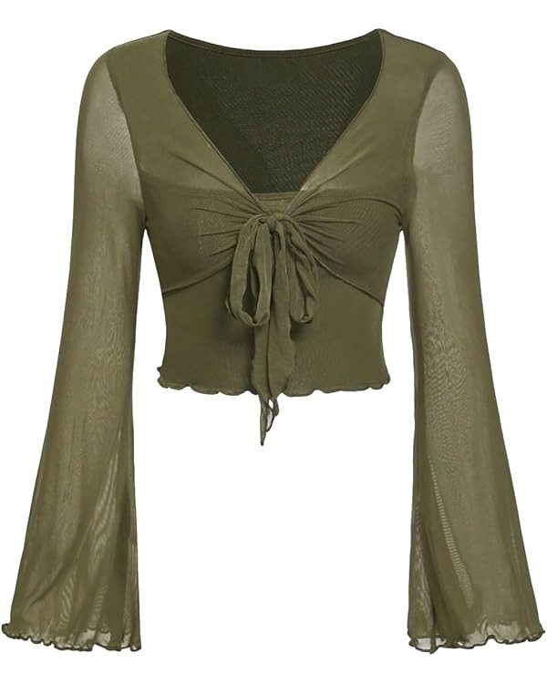 Verdusa Women's Tie Front V Neck Long Sleeve Lettuce Trim Mesh Crop Tee Top | Amazon (US)