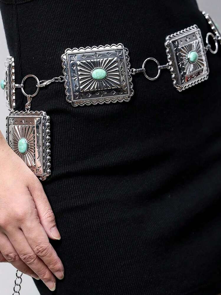 YOWKERB Boho European And American Style Big Waist Chain Metal 3d Carved Turquoise Inlayed Bold And Fashionable Can Be Worn With Jeans And Outerwear Suitable For Festivals Parties And Daily Wear Single Large Metal Waist Chain Packed In Individual Opp Bags Halloween Summer, School Fall, Autumn, Halloween | SHEIN