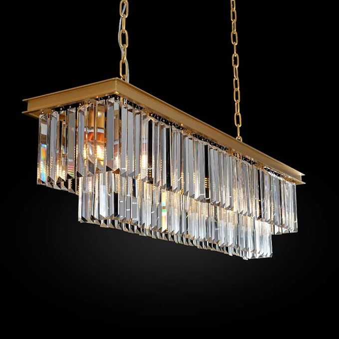 Meelighting L39.4" W10.2" Gold Rectangle Modern Crystal Chandeliers Lighting Pendant Ceiling Ligh... | Amazon (US)