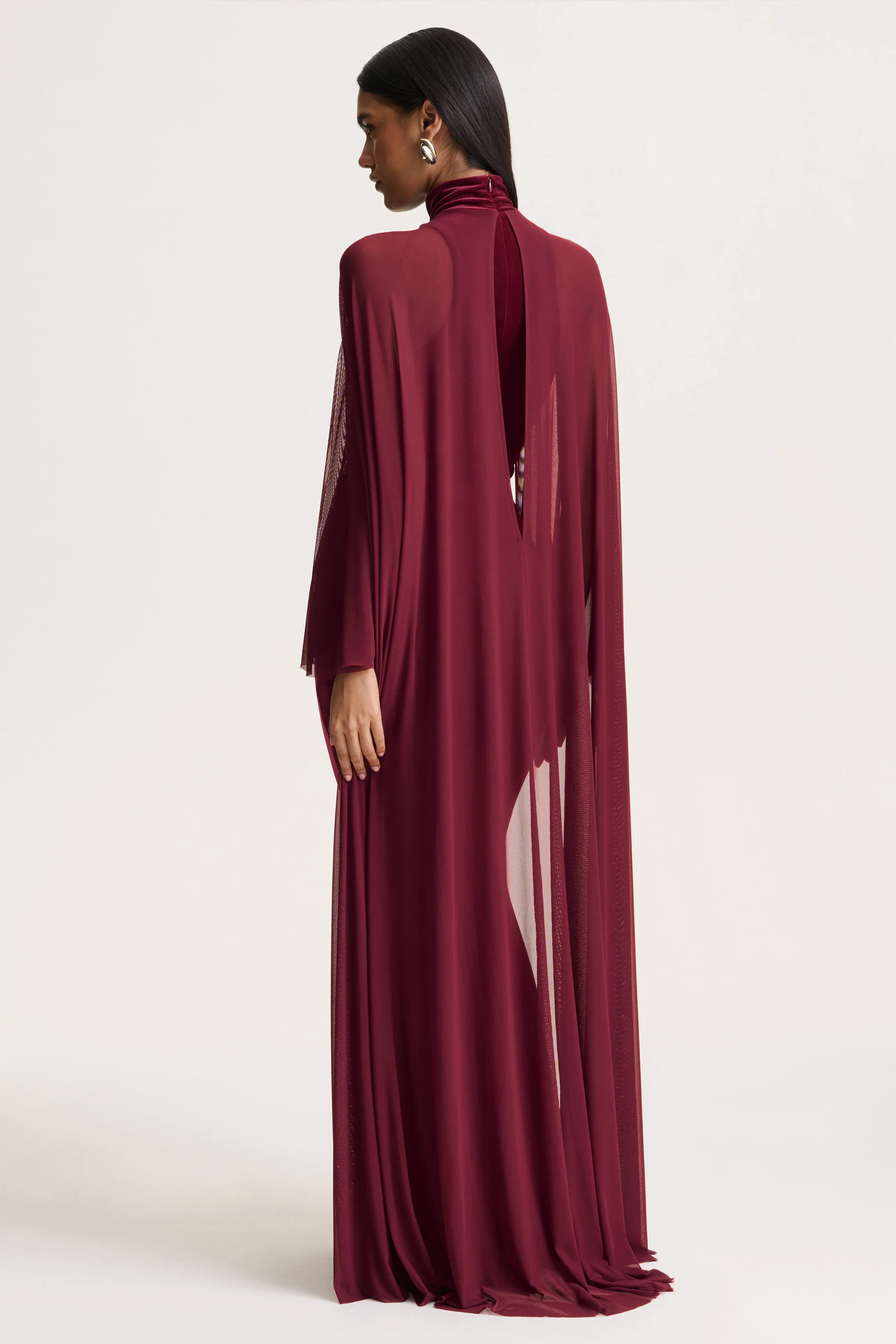 Adoring | Burgundy Velvet High-Neck Maxi Dress With Cape | Club L London
