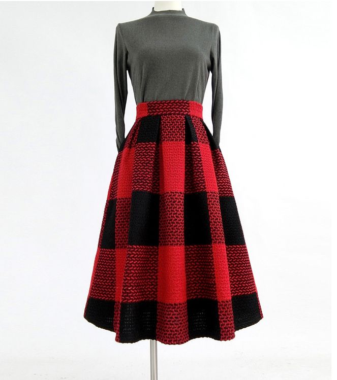 RED PLAID Women Midi Skirt Autumn Classic Plus Size Flannel Long Plaid Skirts | Bonanza (Global)