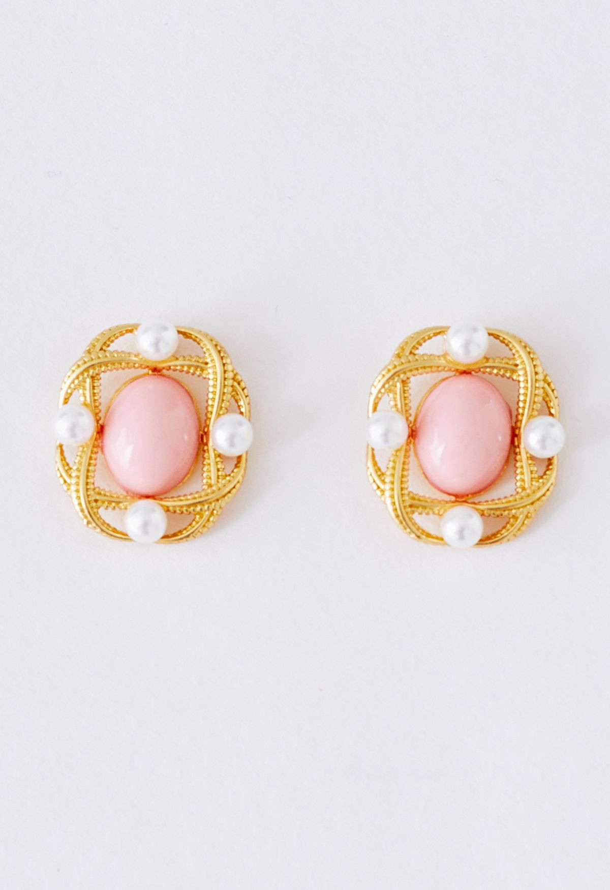 Hollow Out Intertwine Metal Pearl Earrings in Pink | Chicwish