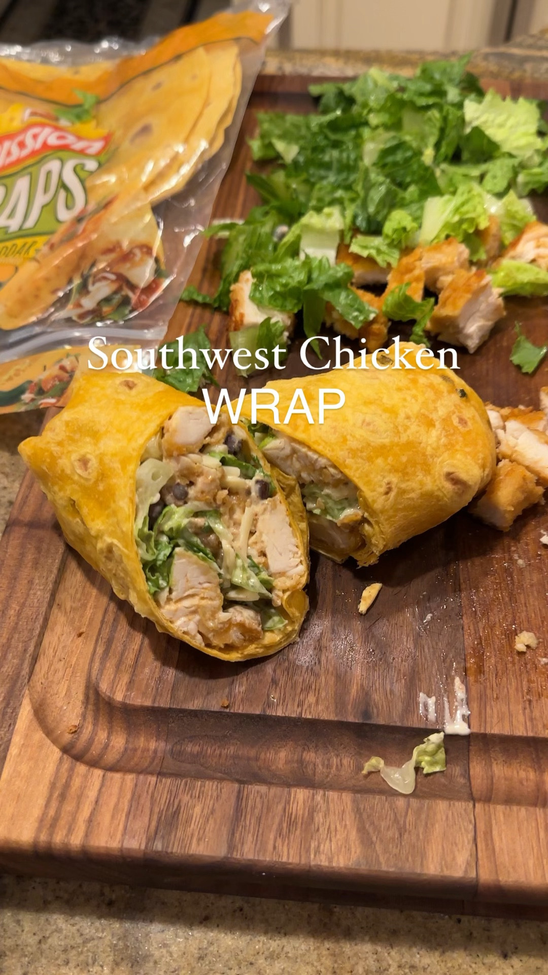 Southwest Chicken Wrap

1 frozen breaded chicken cutlet, cooked and cooled
1 cup romaine lettuce, freshly chopped
handful of shredded monterey jack cheese
1 large tortilla wrap (jalapeno cheddar is my favorite)
1 heaping tablespoon of black beans, rinsed and drained
Ranch Dressing
Creamy Salsa dressing 

1. Cook and cool the chicken breast, dice into 1 inch pieces
2. chop the lettuce, rinse the black beans and shred your cheese
3. Combine lettuce, chicken, beans, cheese and dressing. Toss well. 
4. Heat a tortilla on the stove or microwave for 30 seconds (this helps to make it stretch and roll better.
5. Add the contents of the bowl onto one side of the warm tortilla, then fold in each side and roll tightly. Enjoy! 

#LTKfamily #LTKhome #LTKVideo