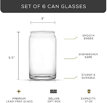 JoyJolt Drinking Glass Cups Set of 6 - 16oz Beer Can Glasses. Clear Soda Can Shaped Glass Cups, C... | Amazon (US)