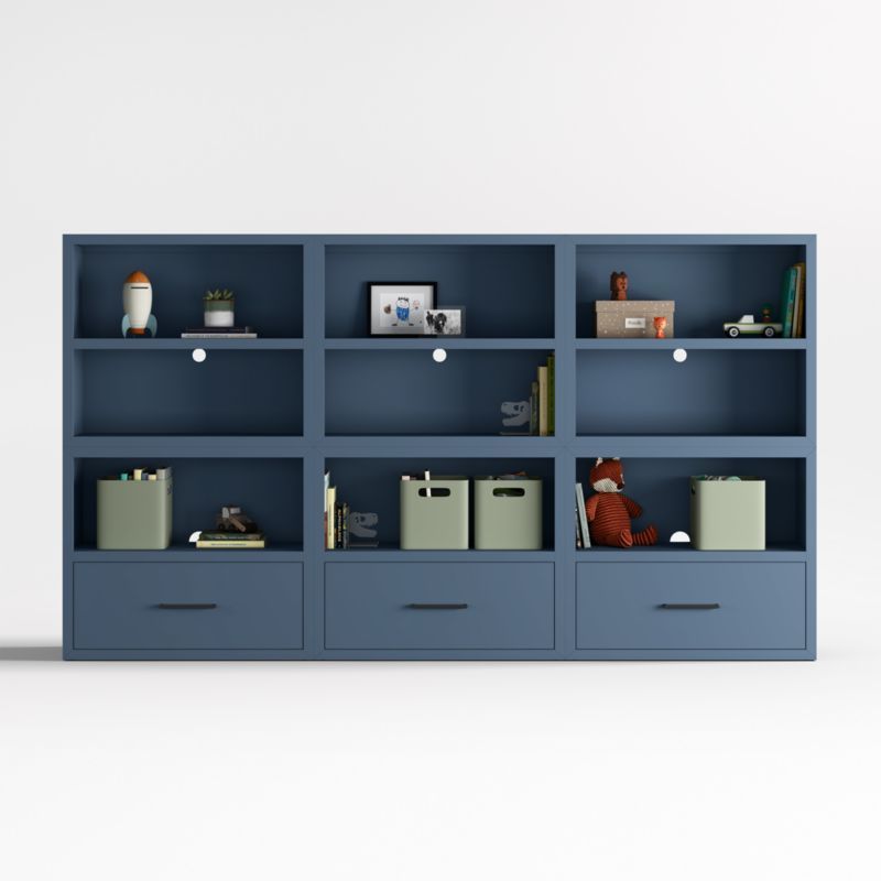 Ever Simple Set of 3 Modular Slate Blue Wood Kids Open Bookcases with Drawers + Reviews | Crate &... | Crate & Barrel