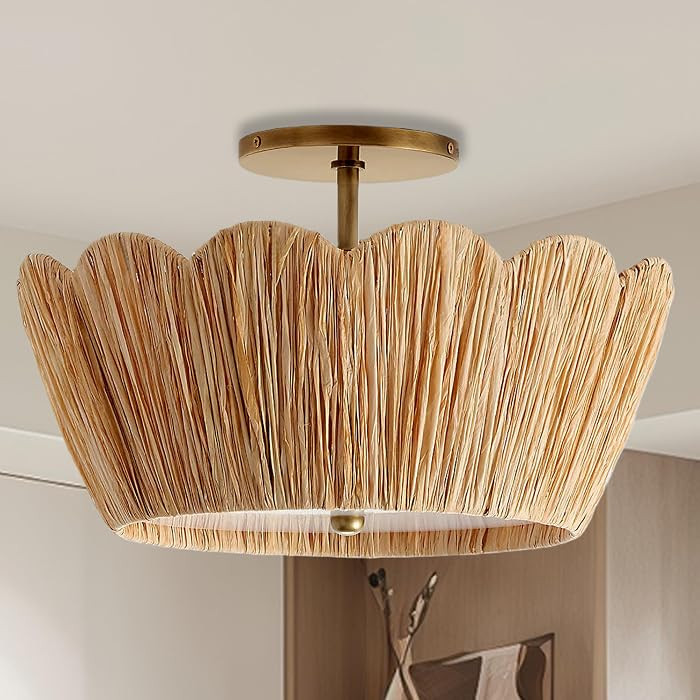 Farmhouse Boho Ceiling Light with Natural Raffia Shade, 3-Light Woven Semi Flush Mount, Scalloped... | Amazon (US)