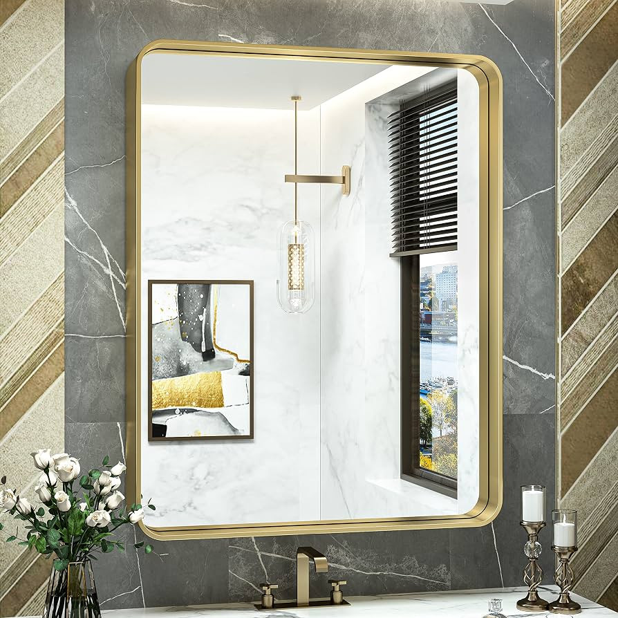 TokeShimi Gold Bathroom Mirror for Wall 30 x 36 Inch Metal Rounded Corner Rectangle Mirror Metal ... | Amazon (US)