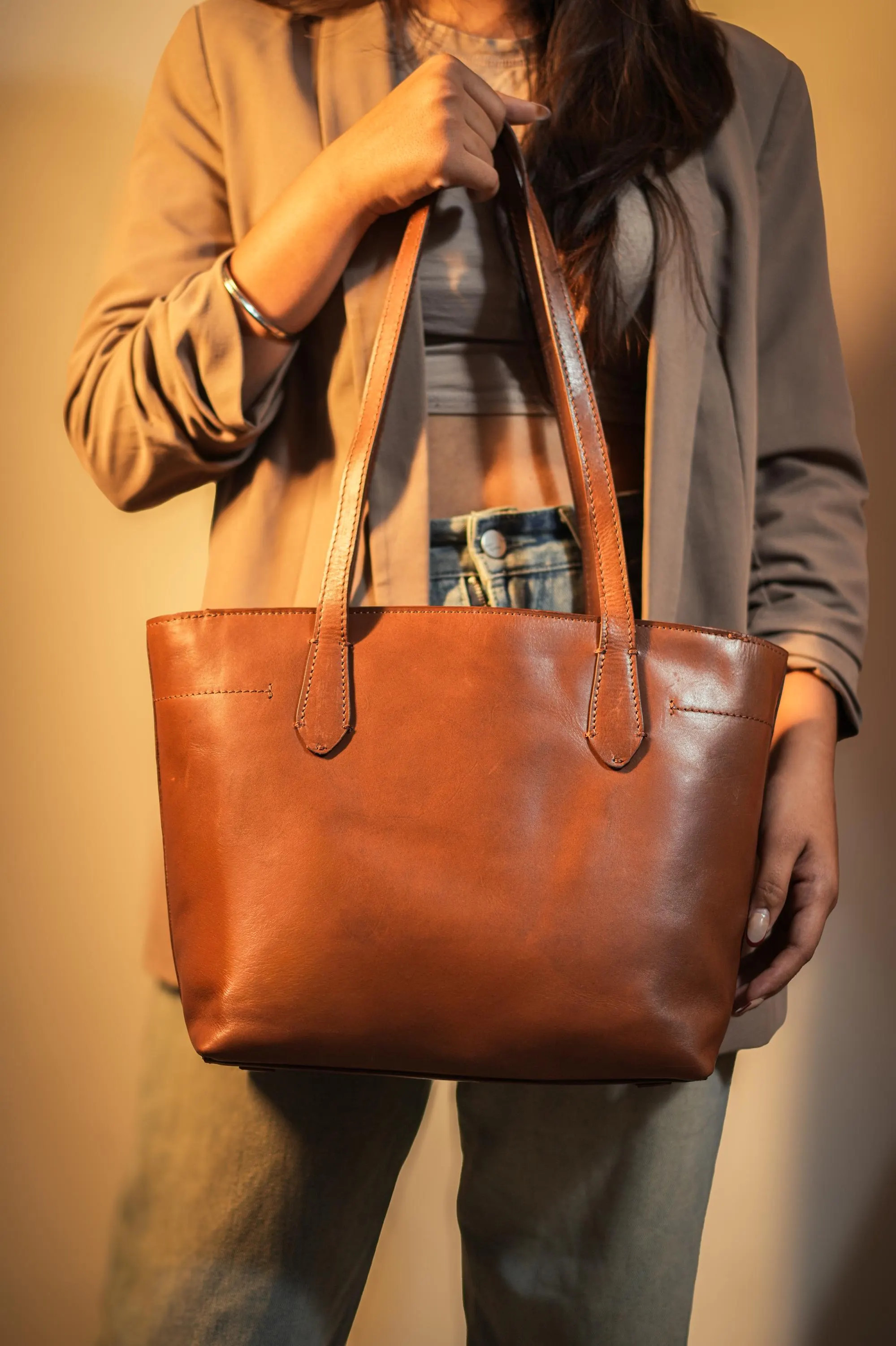 Grains & Tan Full-Grain Leather Classic Tote with Adjustable Strap | Etsy (Global)
