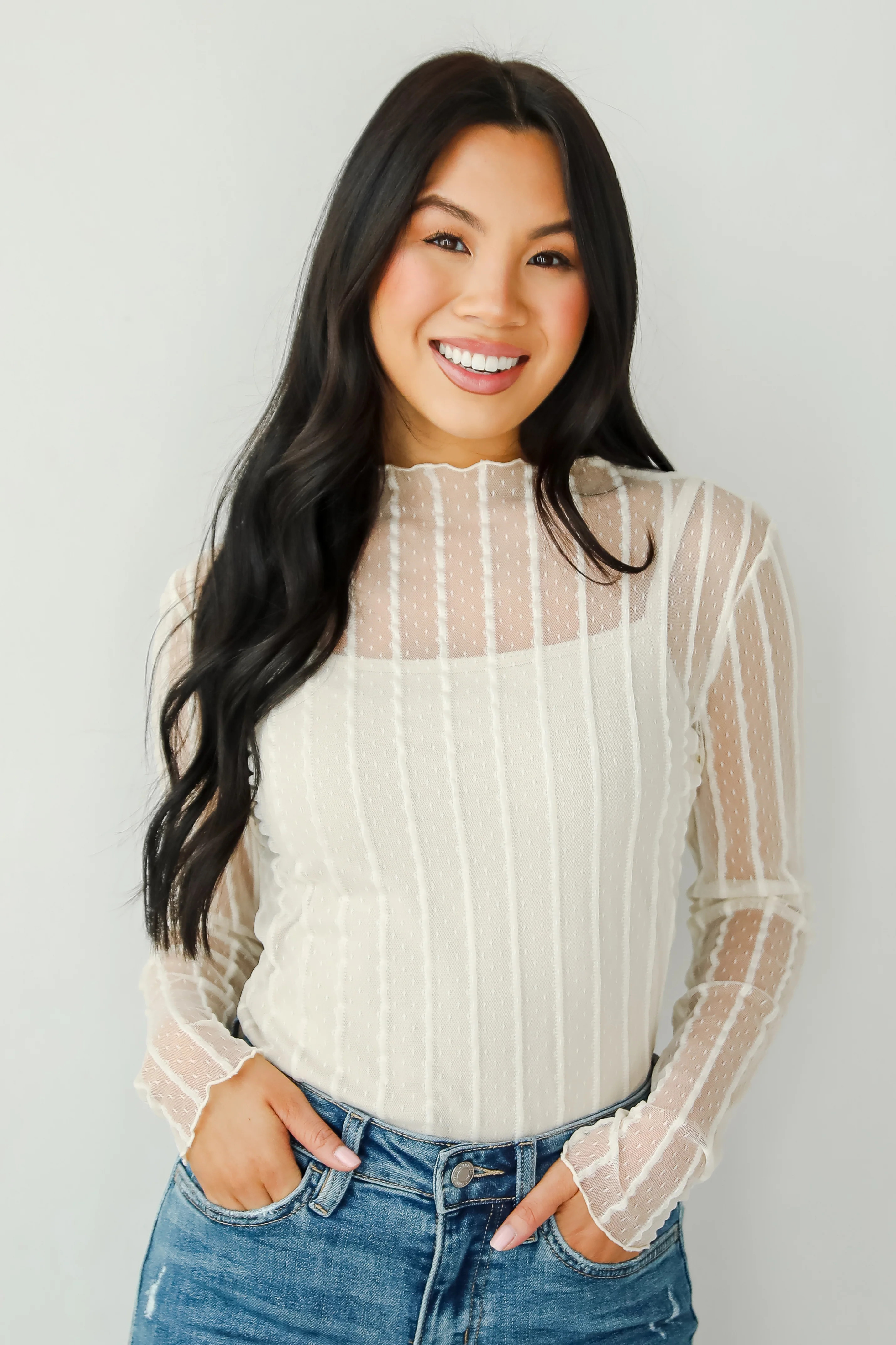 Cute Cream Lace Mesh Bodysuit | Trendy Layering Tops | Dress Up | Dress Up