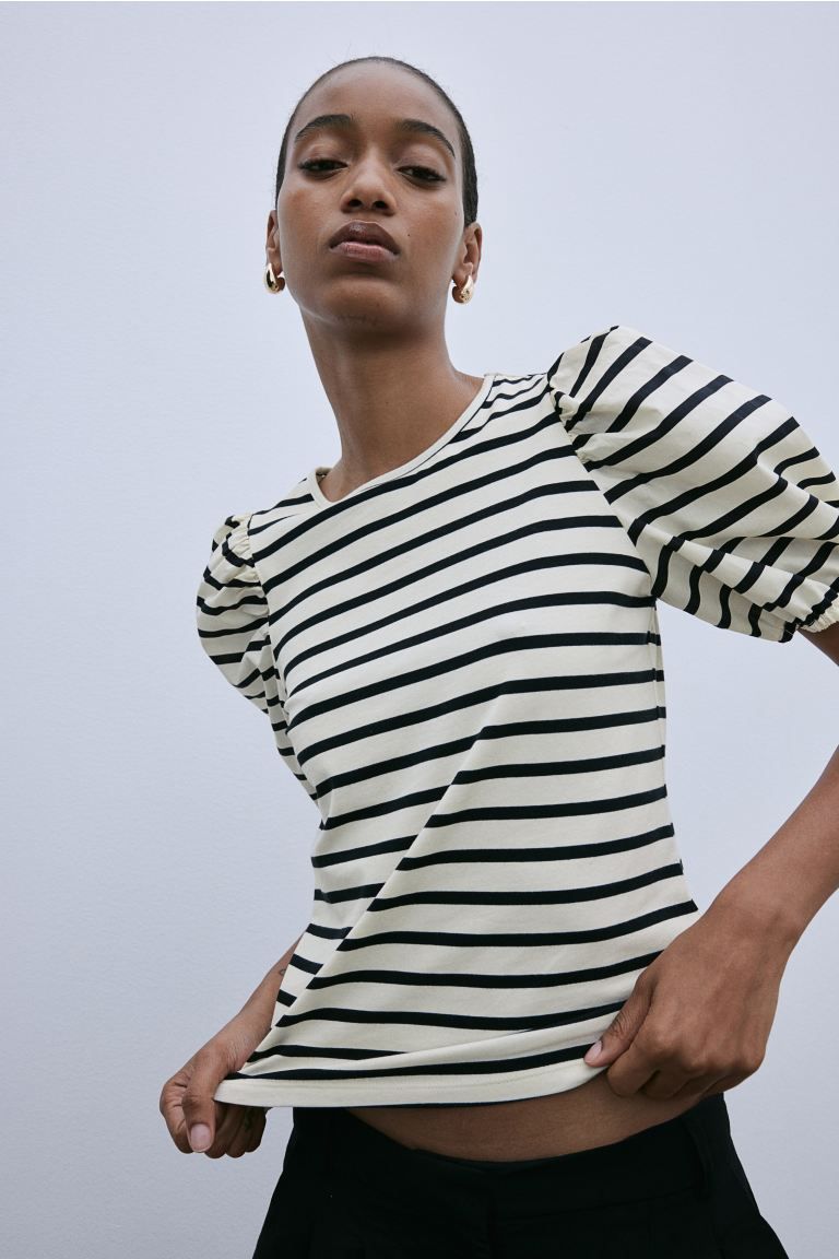 Puff-sleeved Top - Round Neck - Short sleeve - Light beige/striped - Ladies | H&M US | H&M (US + CA)