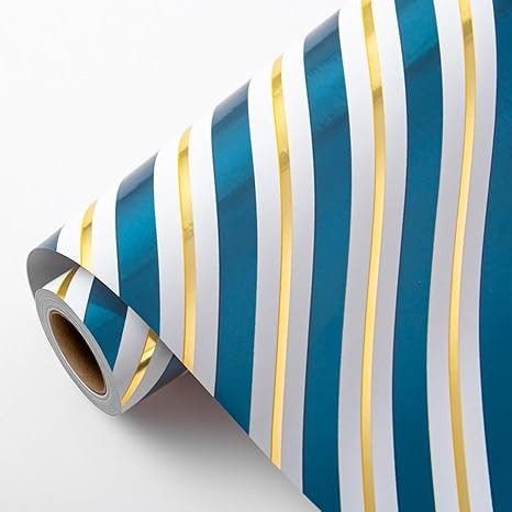 Garbendy Blue & Gold Stripe Christmas Wrapping Paper Roll - Mini Roll - 17 Inch X 32.8 Feet - Per... | Amazon (US)