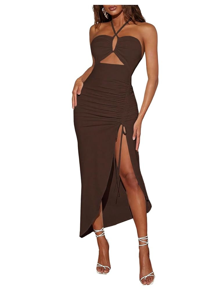 Women's Sexy Split Thigh Halter Dress Drawstring Tie Backless Vacation Long Dresses | Amazon (US)