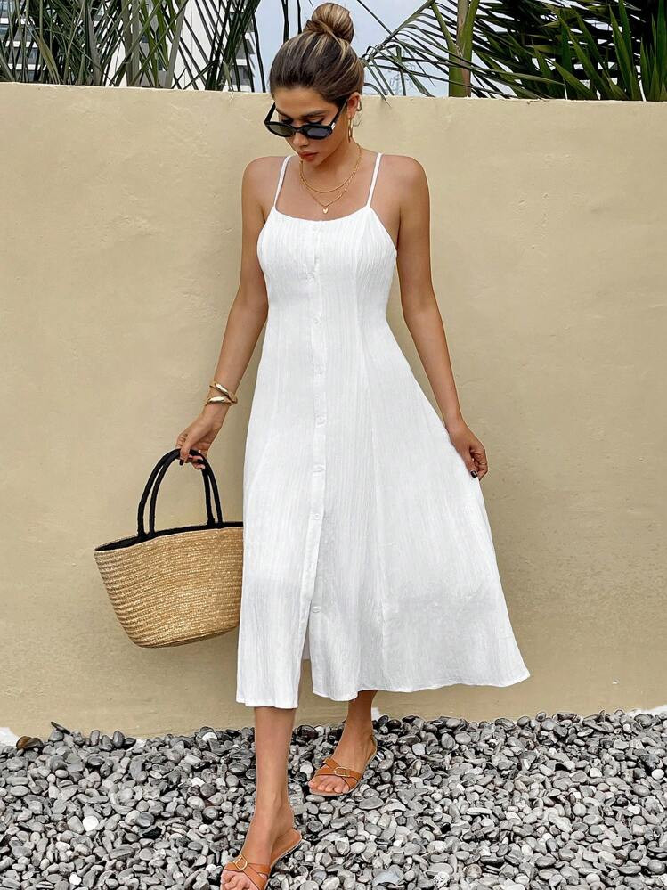 SHEIN Frenchy Women's Summer White French Front Button Vacation Casual Elegant Cami Dress Wedding Dresses Summer Outfits For Women White Dress Easter Dress For Women White Dresses For Women Graduation Dress Beach Outfits For Woman,Graduation Dresses Party Vacation Holiday Resort | SHEIN