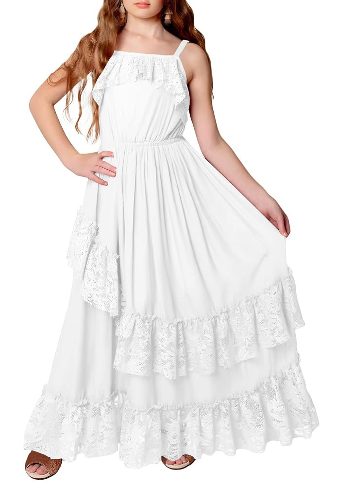 MITILLY Girls Boho Lace Flower Dresses Spaghetti Strap A-Line Ruffle Tiered Flowy Wedding Party M... | Amazon (US)