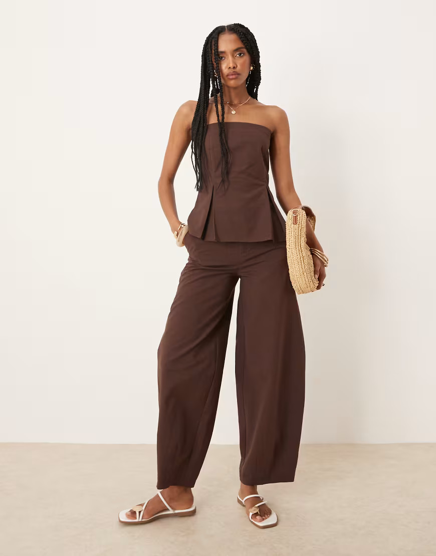 ASOS DESIGN linen blend barrel leg pants in chocolate-Blue | ASOS (Global)