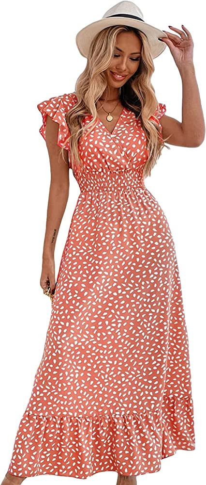 MakeMeChic Women's Allover Print Ruffle Sleeve V Neck Ruffle Hem A Line Summer Maxi Dress | Amazon (US)