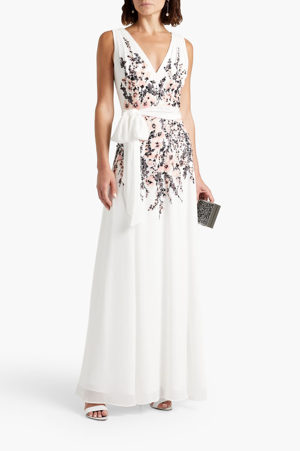 White Embellished printed crepe de chine gown | BADGLEY MISCHKA | THE OUTNET | The Outnet (US and CA)