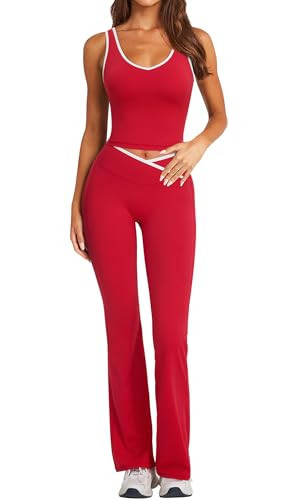 RXRXCOCO Workout Sets For Women 2 Piece Gym Yoga Pilates Outfits Active Matching Set Flare Leggings Scrunch Butt Lifting Crop Tank Top Red S | Amazon (US)