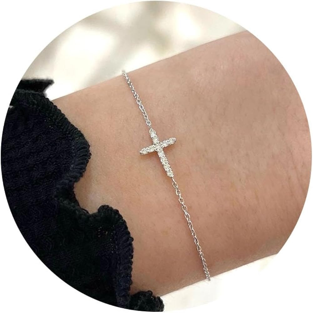 Moodear Dainty Cross Bracelet - 925 Sterling Silver/14k Gold Plated Diamond CZ Layered Bracelets ... | Amazon (US)