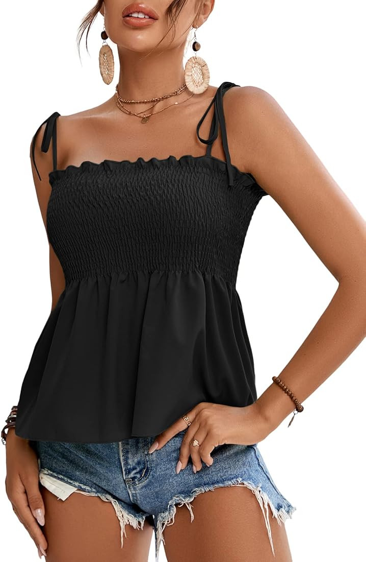 LYANER Women's Tie Shoulder Frill Shirred Ruffle Hem Sleeveless Strappy Cami Blouse Peplum Top | Amazon (US)