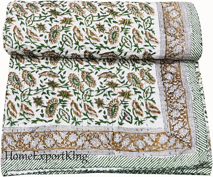 Floral Kantha Quilt Indian Block Handmade Cotton Blanket Kantha Bedding Throw Quilt Twin/Queen Si... | Amazon (US)