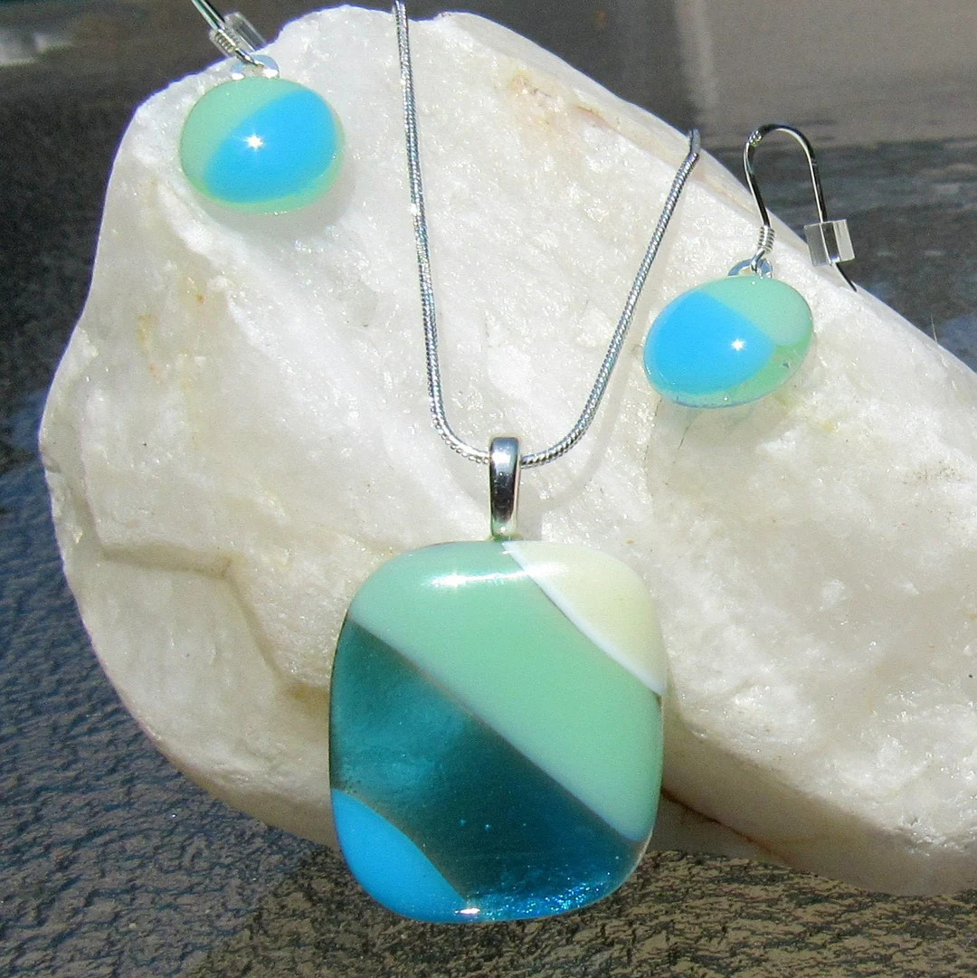 Fused Glass Jewelry Set, Turquoise Mint Green Necklace Earrings, Beach Jewelry | Etsy (US)