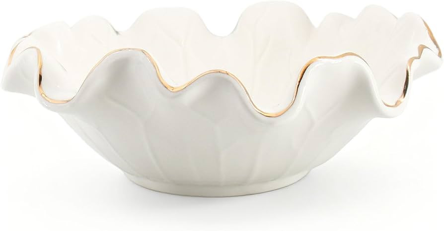 Handcrafted 8" White Ceramic Ruffle Bowl with Gold Trim – Modern Lotus Design, Small Shallow De... | Amazon (US)