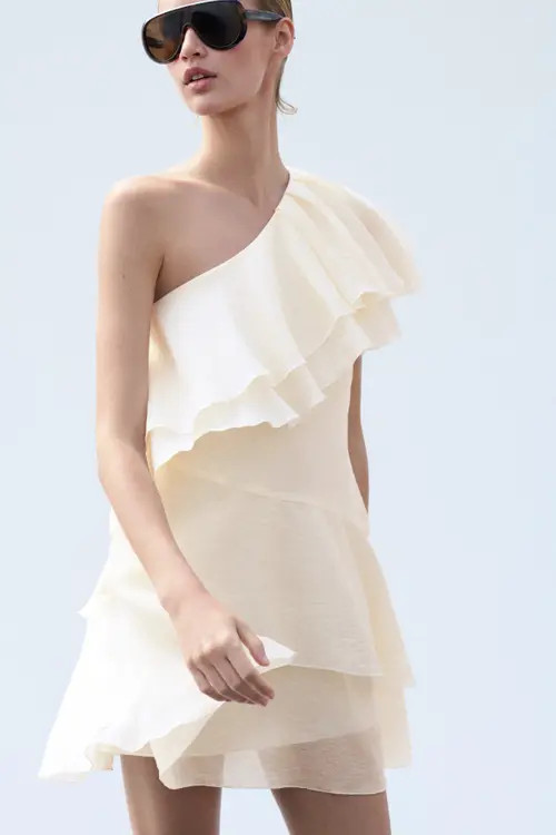 H&M Flounced One-shoulder Dress in Cream at Nordstrom, Size Large | Nordstrom