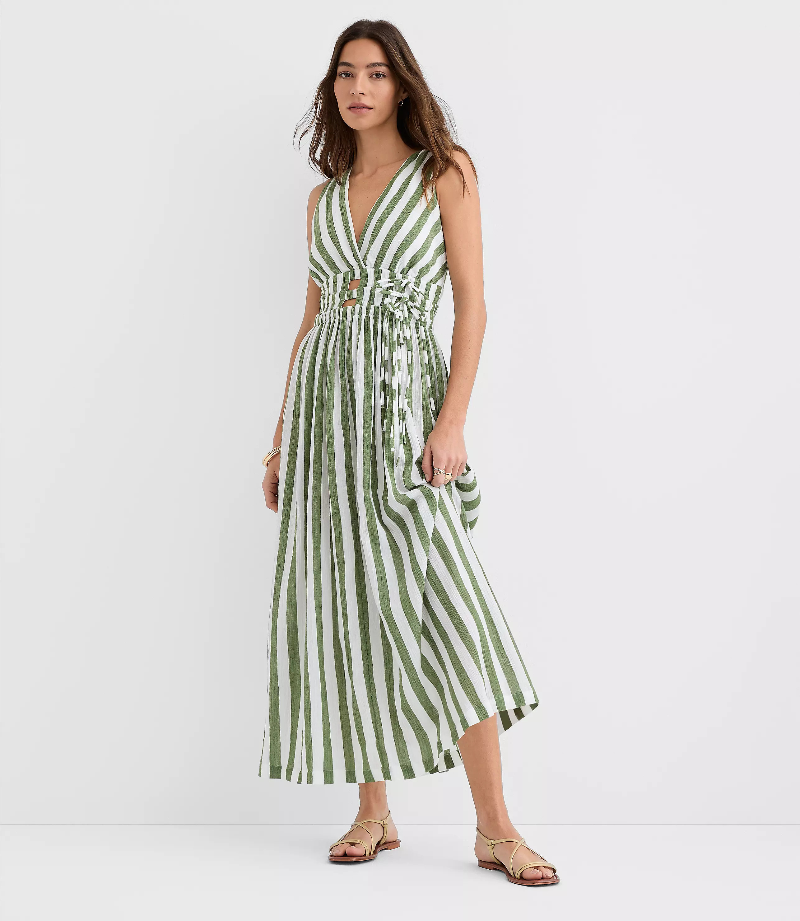 LOFT Beach Striped Cutout Side Tie Midi Dress | LOFT