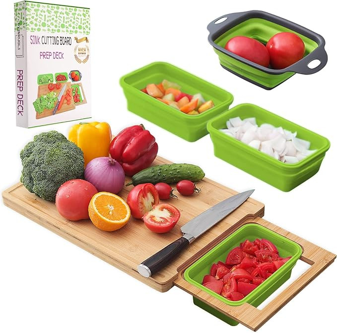Expandable Bamboo Cutting Board With Containers,Over The Sink Cutting Board For Kitchen,Meal Prep... | Amazon (US)