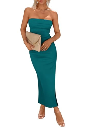 PRETTYGARDEN Women's Summer Bodycon Maxi Tube Dress Ribbed Strapless Side Slit Long Going Out Casual Elegant Party Dresses (Blue Green,X-Large) | Amazon (US)