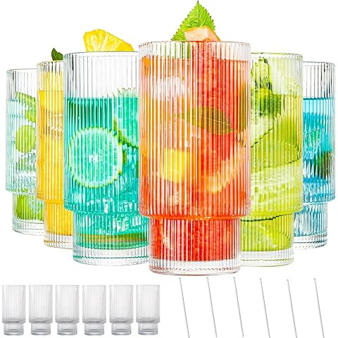 Qipecedm 6 Pack Ribbed Drinking Glasses, 16 oz Vintage Glass Cups, Highball Glasses, Premium Iced... | Amazon (US)