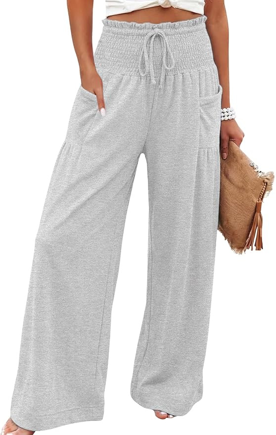 Athlisan Womens Baggy Wide Leg Palazzo Pants Casual Boho Smocked High Waist Lounge Trousers Beach... | Amazon (US)