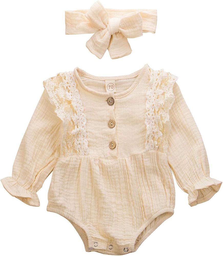 Infant Baby Girl Fall Winter Basic Plain Long Sleeve Cotton Linen Drawstring Romper Bodysuits Top... | Amazon (US)