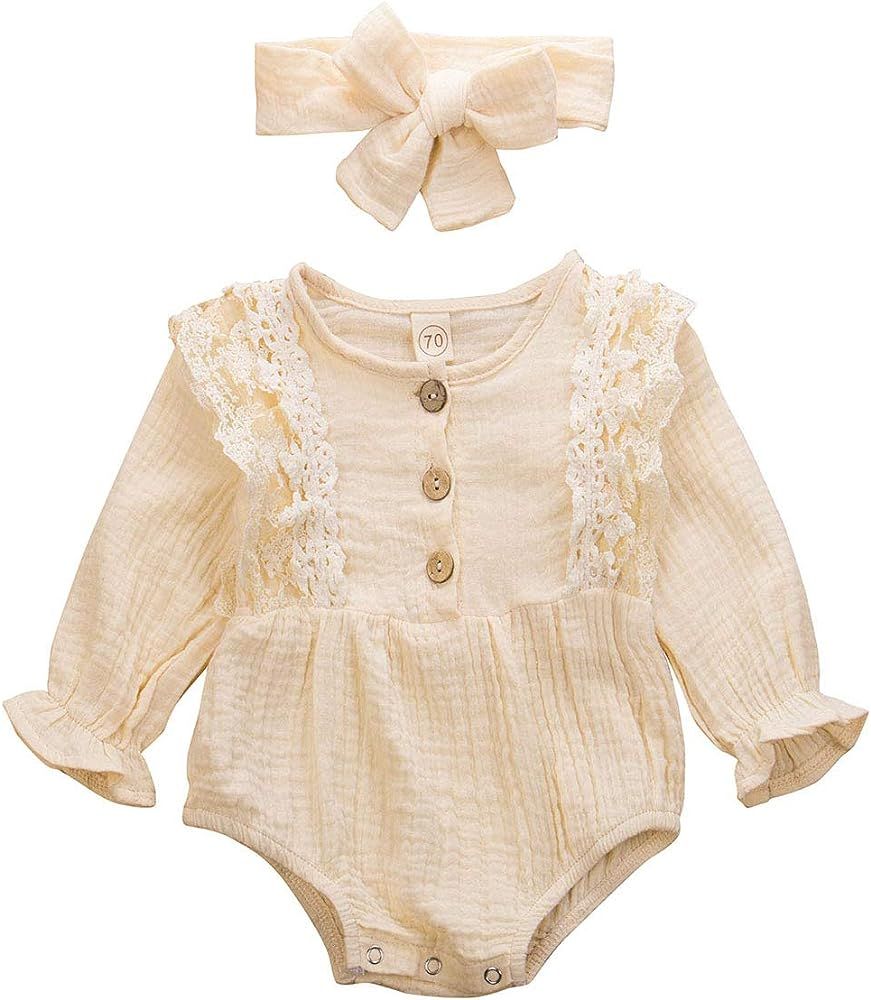 Infant Baby Girl Fall Winter Basic Plain Long Sleeve Cotton Linen Drawstring Romper Bodysuits Top... | Amazon (US)
