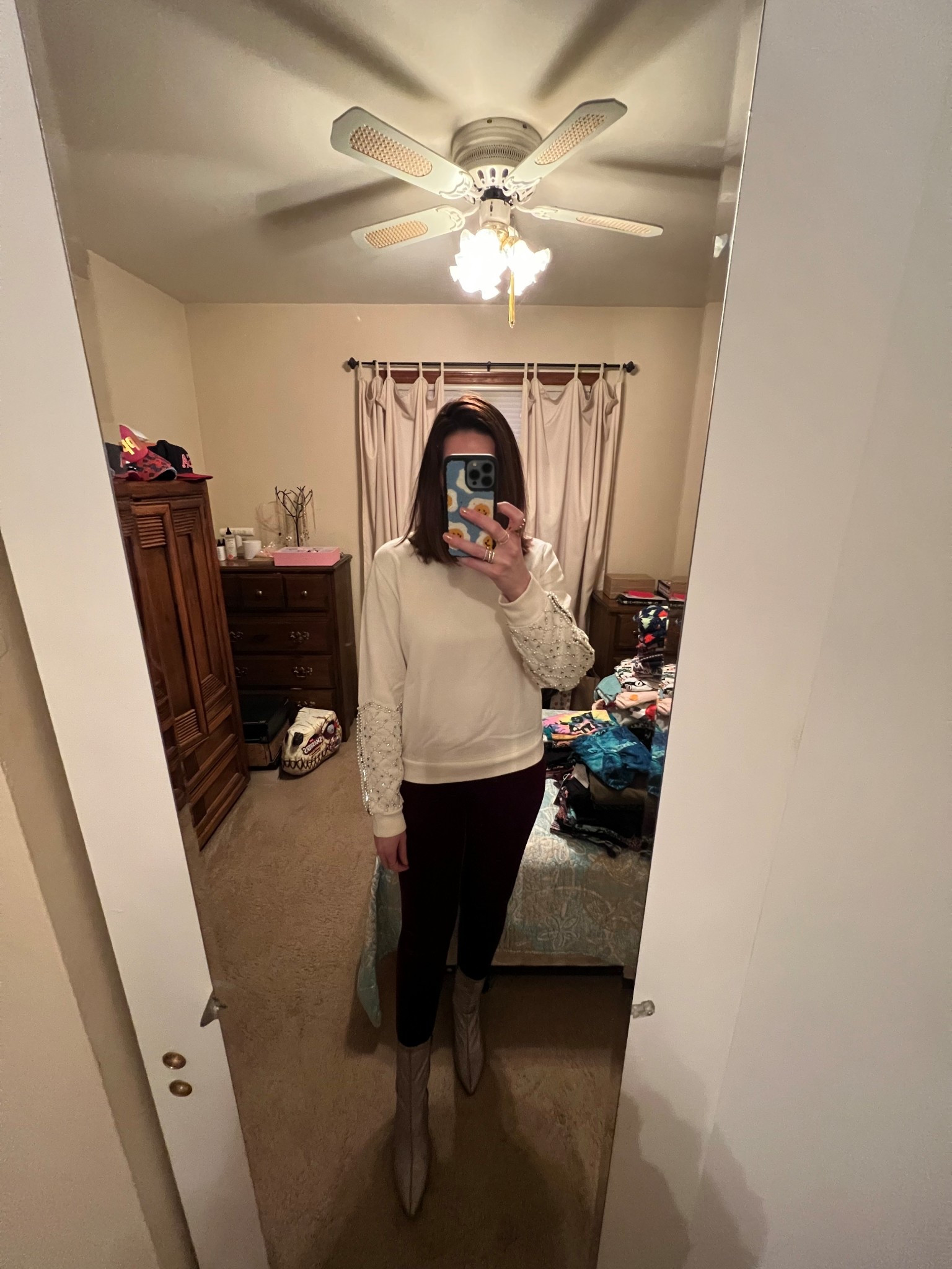 White embellished sweater (small). Burgundy velvet leggings (small). Silver multicolor boots (9). #sweater #whitesweater #embellishedsweater #leggings #velvetleggings #burgundyleggings #boots #silverboots #multicolorboots #winteroutfit 
winter capsule wardrobe 

#LTKSeasonal #LTKFindsUnder100 #LTKFindsUnder50