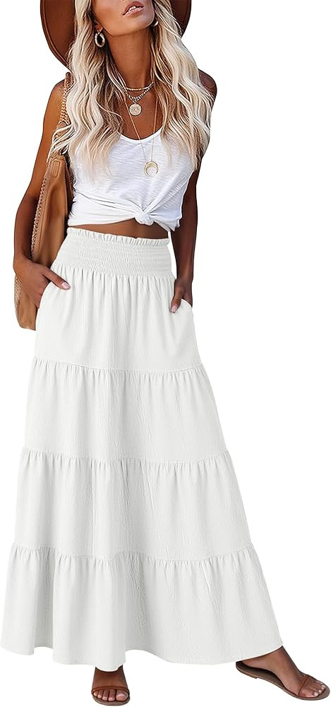 ANRABESS Womens Maxi Skirts, Elastic High Waist A-Line Tiered, Long Flowy Boho Skirts, Summer Cas... | Amazon (US)