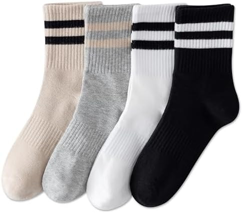 YUWELL Womens Striped Crew Socks, Cotton Cozy Casual Socks for Women 4 Pairs, Size 5-10 | Amazon (US)
