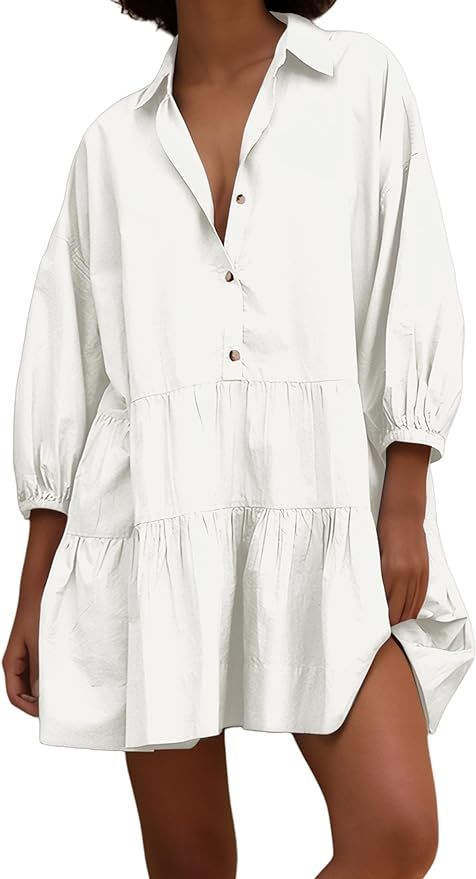SHBECYDE Women Oversized Patchwork Sweatshirt Dresses Button Collared Neck 3/4 Sleeve Loose Pullo... | Amazon (US)