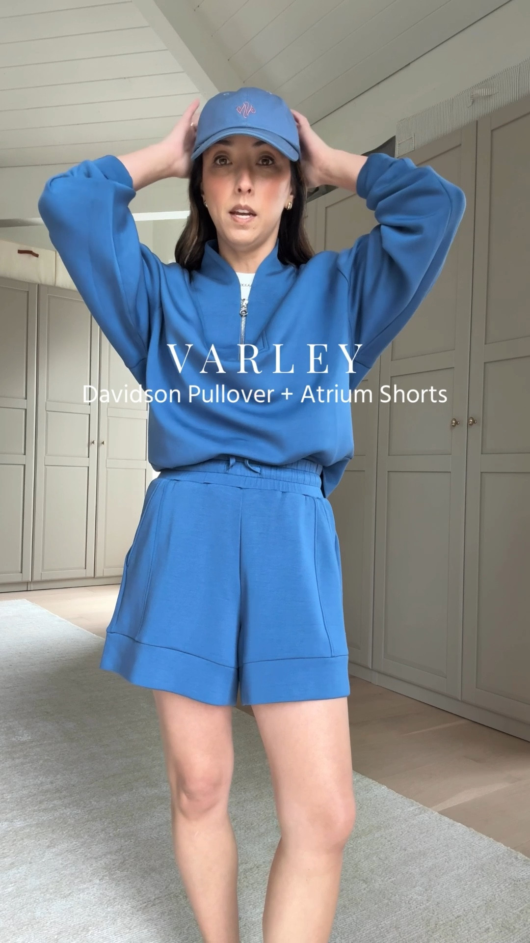 New spring blue set in from Varley. Material is stretchy and butter soft. 

Davidson pullover sized up to small 
Atrium shorts in xs, perfect length
Melvin club cap

#LTKPetite