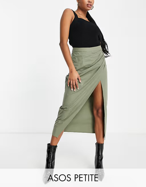 ASOS DESIGN Petite cotton midi skirt with side ruched split in khaki | ASOS (Global)