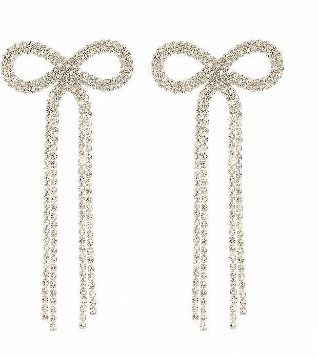 Bow Earrings for Women Rhinestone Long Tassel Earrings Ribbon Bow Drop Earring Silver Stainless S... | Amazon (US)